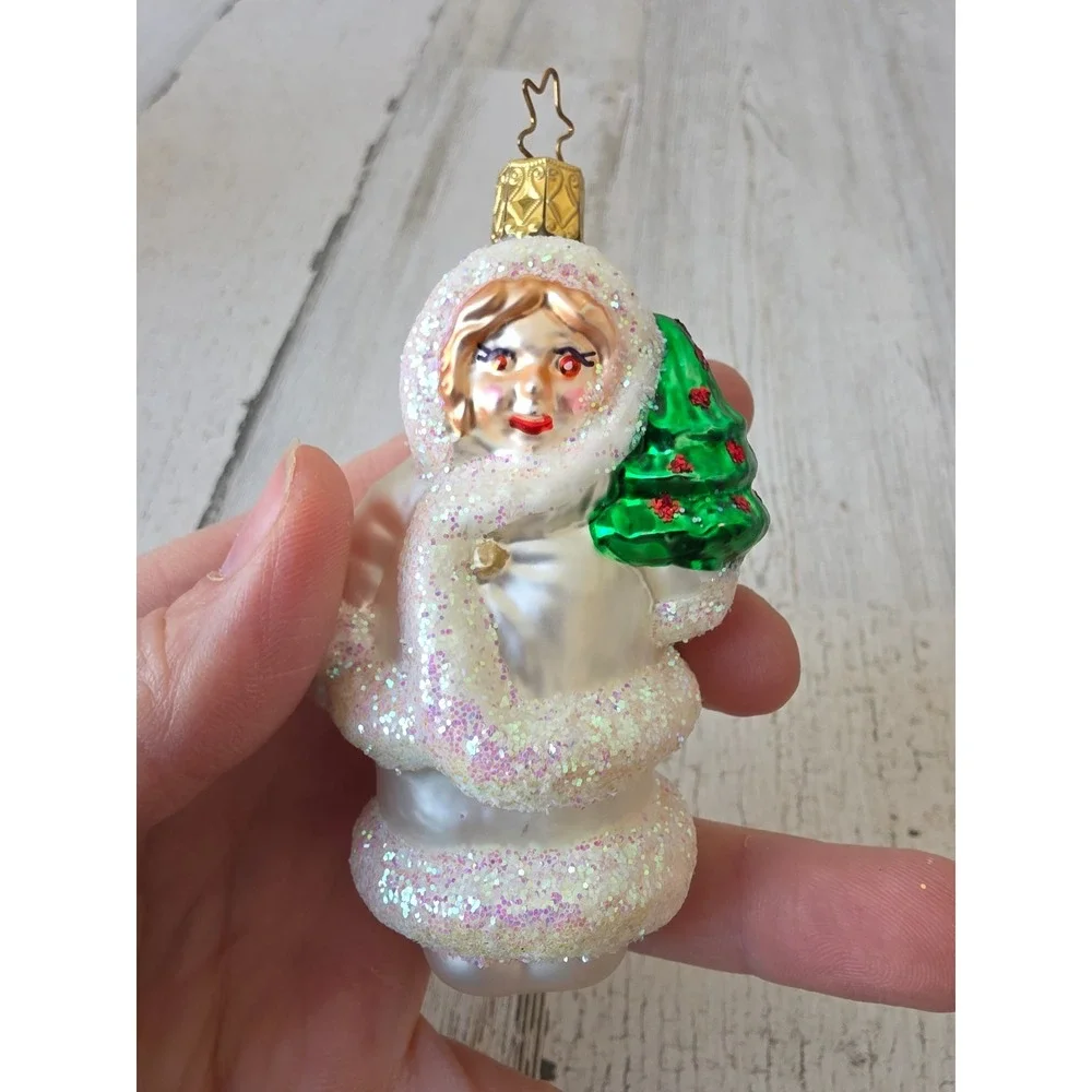 Vintage inge glas Germany‎ snow Eskimo girl glitter ornament Xmas tree white